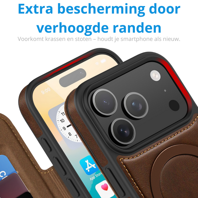 Hoesje geschikt voor iPhone 17 Pro - Met Pasjeshouder - Geschikt voor MagSafe - Met magnetische sluiting - Donker Bruin