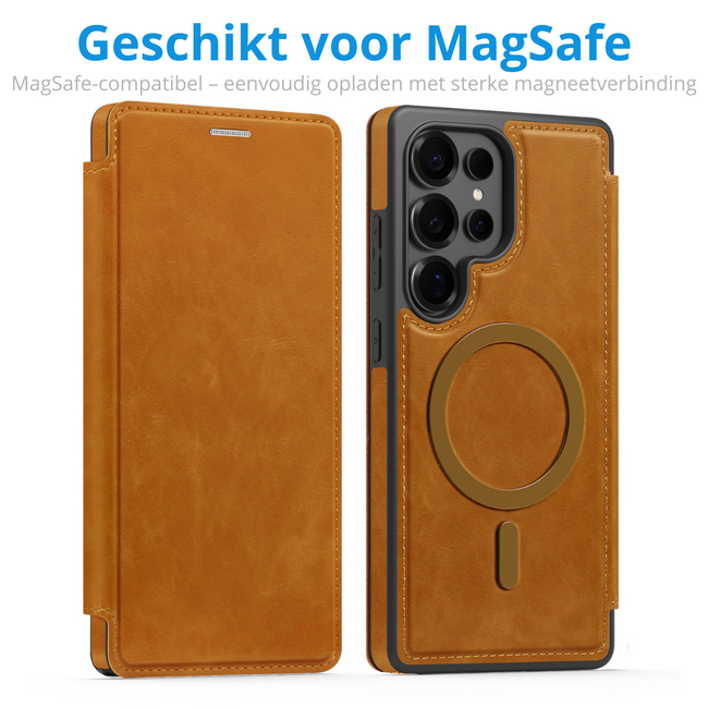 Hoesje geschikt voor Samsung Galaxy S25 Ultra - Met Pasjeshouder - Geschikt voor MagSafe - Met magnetische sluiting - Licht Bruin