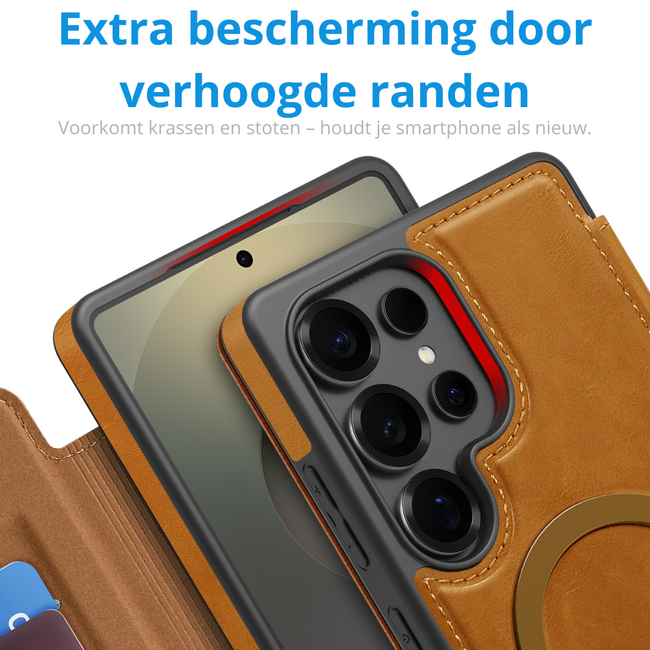 Hoesje geschikt voor Samsung Galaxy S25 Ultra - Met Pasjeshouder - Geschikt voor MagSafe - Met magnetische sluiting - Licht Bruin