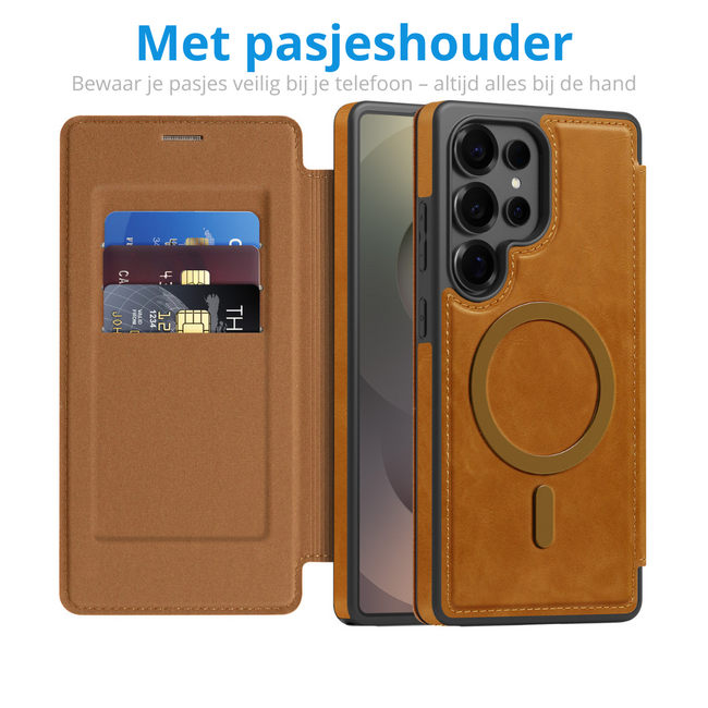 Hoesje geschikt voor Samsung Galaxy S25 Ultra - Met Pasjeshouder - Geschikt voor MagSafe - Met magnetische sluiting - Licht Bruin