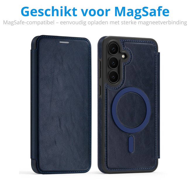 Hoesje geschikt voor Samsung Galaxy S25 FE - Met Pasjeshouder - Geschikt voor MagSafe - Met magnetische sluiting - Blauw