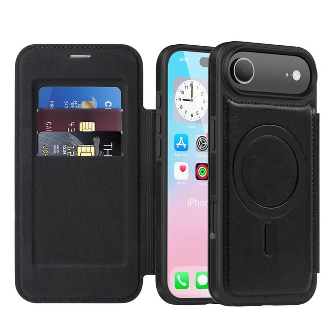 Hoesje geschikt voor iPhone 17 Air - Met Pasjeshouder - Geschikt voor MagSafe - Met magnetische sluiting - Zwart