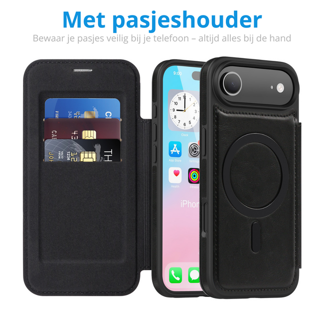 Hoesje geschikt voor iPhone 17 Air - Met Pasjeshouder - Geschikt voor MagSafe - Met magnetische sluiting - Zwart