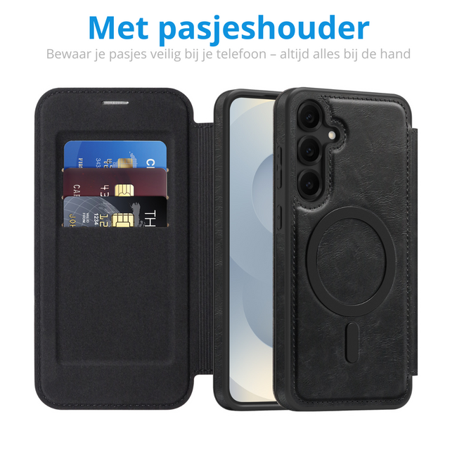 Hoesje geschikt voor Samsung Galaxy S25 Plus - Met Pasjeshouder - Geschikt voor MagSafe - Met magnetische sluiting - Zwart