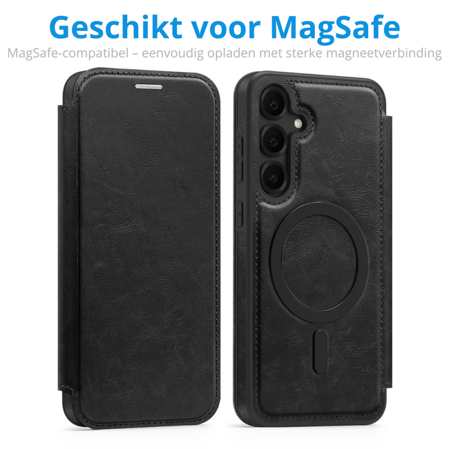 Hoesje geschikt voor Samsung Galaxy S25 Plus - Met Pasjeshouder - Geschikt voor MagSafe - Met magnetische sluiting - Zwart