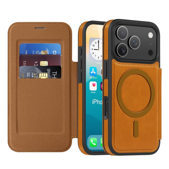 Hoesje geschikt voor iPhone 17 Pro - Met Pasjeshouder - Geschikt voor MagSafe - Met magnetische sluiting - Licht Bruin