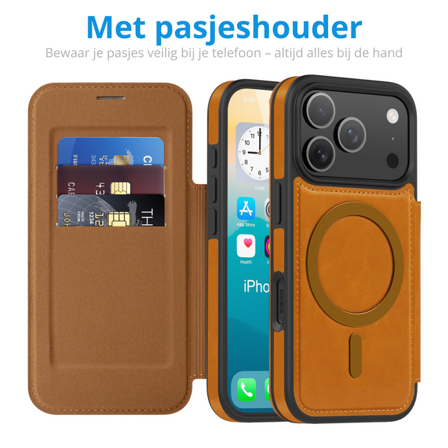 Hoesje geschikt voor iPhone 17 Pro - Met Pasjeshouder - Geschikt voor MagSafe - Met magnetische sluiting - Licht Bruin