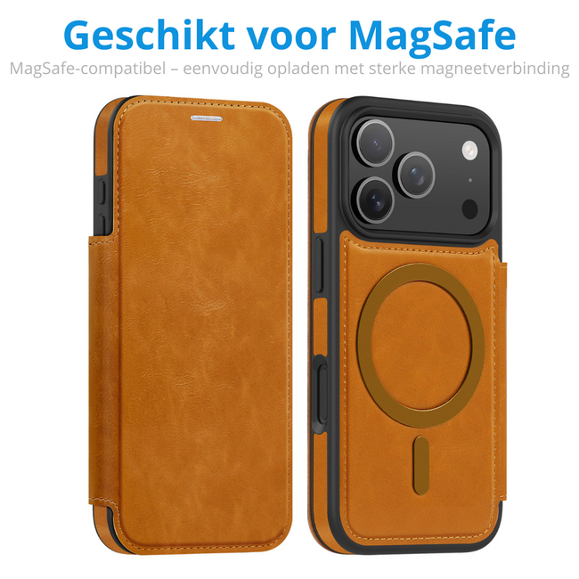 Hoesje geschikt voor iPhone 17 Pro - Met Pasjeshouder - Geschikt voor MagSafe - Met magnetische sluiting - Licht Bruin