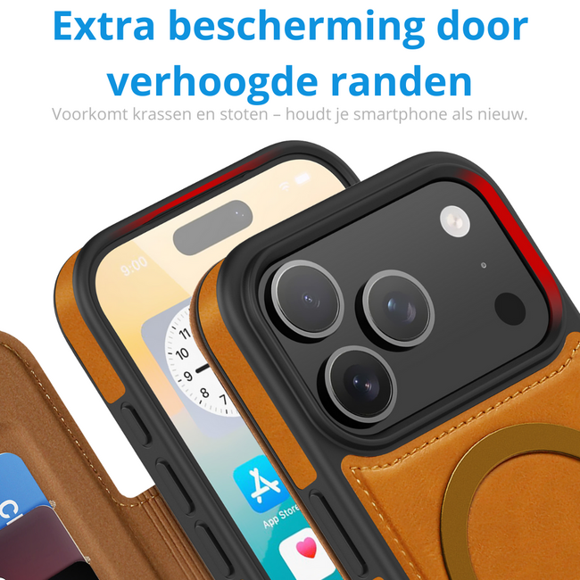 Hoesje geschikt voor iPhone 17 Pro - Met Pasjeshouder - Geschikt voor MagSafe - Met magnetische sluiting - Licht Bruin