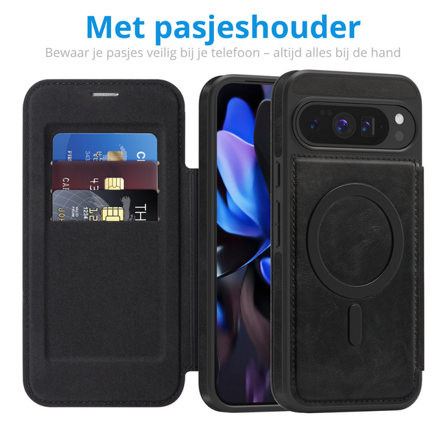 Hoesje geschikt voor Goole Pixel 10 Pro XL - Met Pasjeshouder - Geschikt voor MagSafe - Met magnetische sluiting - Zwart