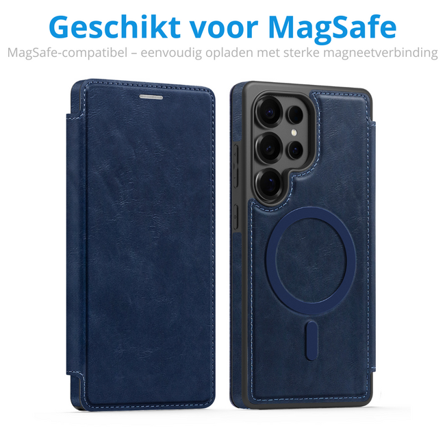 Hoesje geschikt voor Samsung Galaxy S25 Ultra - Met Pasjeshouder - Geschikt voor MagSafe - Met magnetische sluiting - Blauw