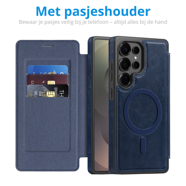 Hoesje geschikt voor Samsung Galaxy S25 Ultra - Met Pasjeshouder - Geschikt voor MagSafe - Met magnetische sluiting - Blauw