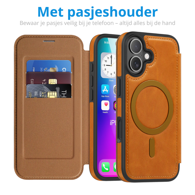 Hoesje geschikt voor iPhone 17 - Met Pasjeshouder - Geschikt voor MagSafe - Met magnetische sluiting - Licht Bruin