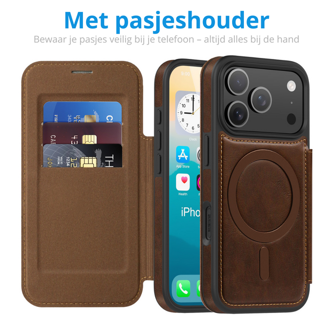 Hoesje geschikt voor iPhone 17 Pro Max - Met Pasjeshouder - Geschikt voor MagSafe - Met magnetische sluiting - Donker Bruin