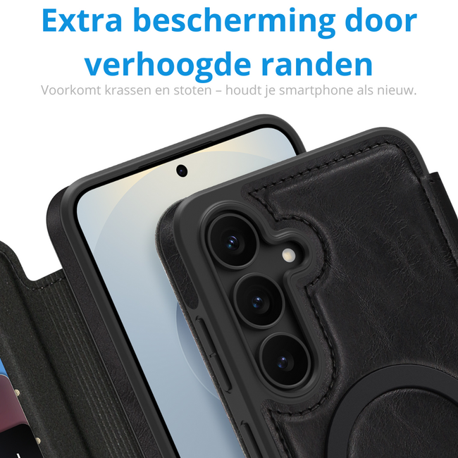 Hoesje geschikt voor Samsung Galaxy S25 - Met Pasjeshouder - Geschikt voor MagSafe - Met magnetische sluiting - Zwart