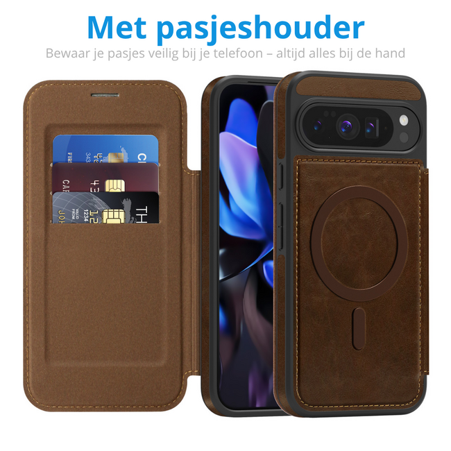 Hoesje geschikt voor Goole Pixel 10 Pro XL - Met Pasjeshouder - Geschikt voor MagSafe - Met magnetische sluiting - Donker Bruin