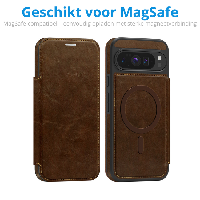 Hoesje geschikt voor Goole Pixel 10 Pro XL - Met Pasjeshouder - Geschikt voor MagSafe - Met magnetische sluiting - Donker Bruin