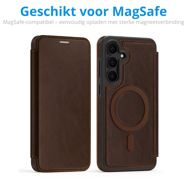 Hoesje geschikt voor Samsung Galaxy A36 - Met Pasjeshouder - Geschikt voor MagSafe - Met magnetische sluiting - Donker Bruin