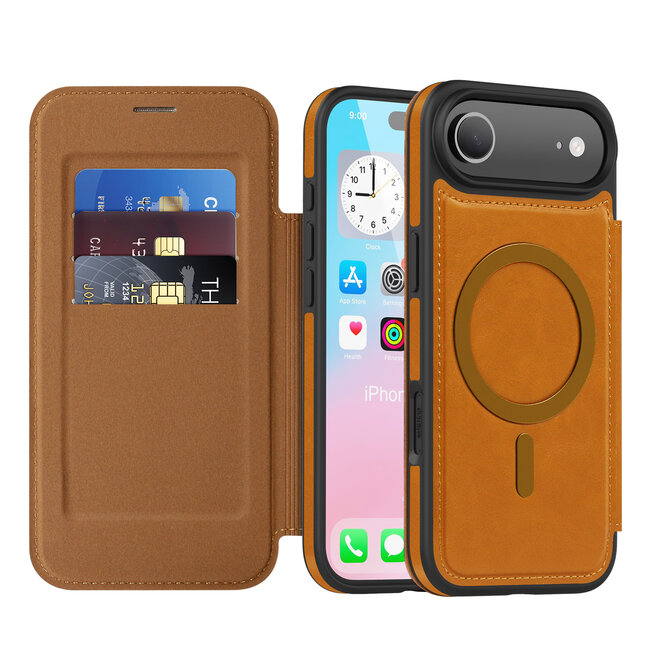 Hoesje geschikt voor iPhone 17 Air - Met Pasjeshouder - Geschikt voor MagSafe - Met magnetische sluiting - Licht Bruin