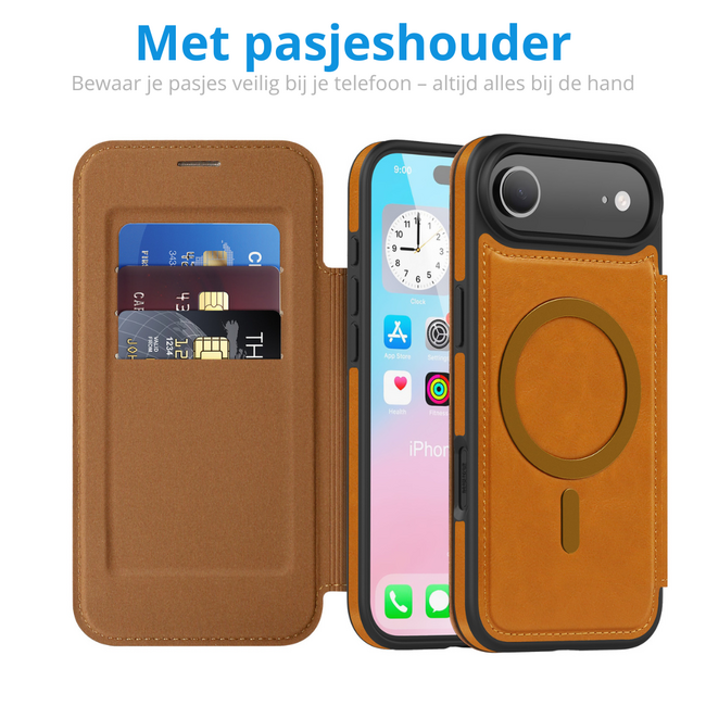 Hoesje geschikt voor iPhone 17 Air - Met Pasjeshouder - Geschikt voor MagSafe - Met magnetische sluiting - Licht Bruin