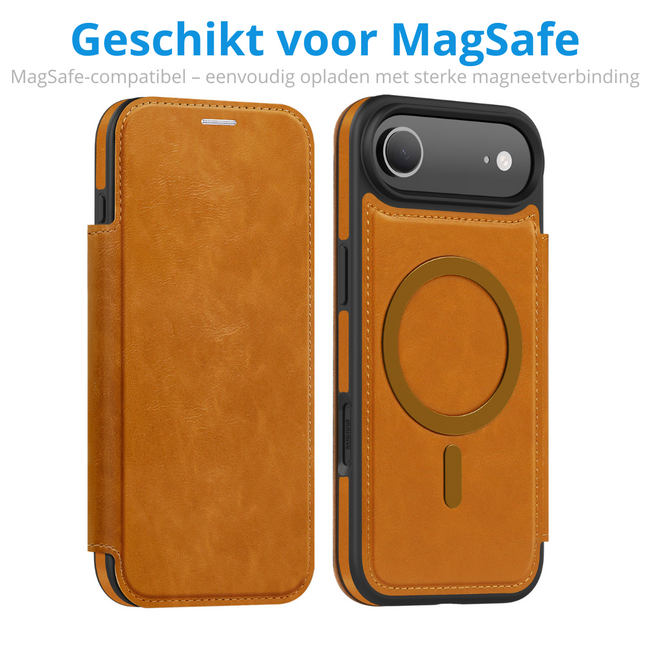 Hoesje geschikt voor iPhone 17 Air - Met Pasjeshouder - Geschikt voor MagSafe - Met magnetische sluiting - Licht Bruin