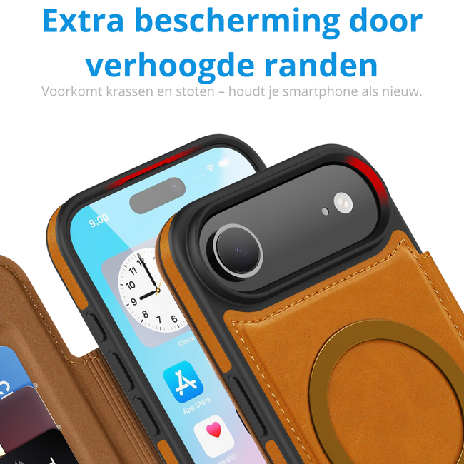 Hoesje geschikt voor iPhone 17 Air - Met Pasjeshouder - Geschikt voor MagSafe - Met magnetische sluiting - Licht Bruin