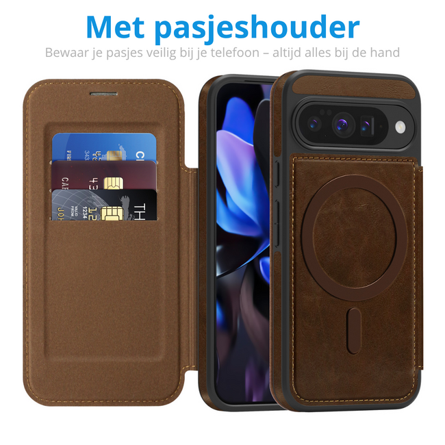 Hoesje geschikt voor Goole Pixel 10/10 Pro - Met Pasjeshouder - Geschikt voor MagSafe - Met magnetische sluiting - Donker Bruin
