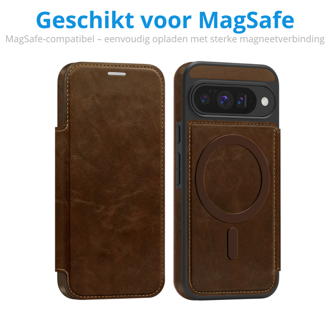 Hoesje geschikt voor Goole Pixel 10/10 Pro - Met Pasjeshouder - Geschikt voor MagSafe - Met magnetische sluiting - Donker Bruin