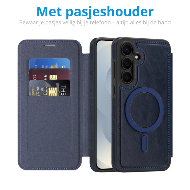 Hoesje geschikt voor Samsung Galaxy S25 - Met Pasjeshouder - Geschikt voor MagSafe - Met magnetische sluiting - Blauw