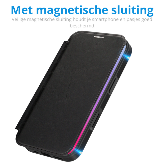 Hoesje geschikt voor iPhone 17 - Met Pasjeshouder - Geschikt voor MagSafe - Met magnetische sluiting - Zwart