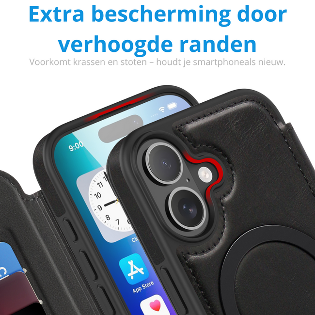 Hoesje geschikt voor iPhone 17 - Met Pasjeshouder - Geschikt voor MagSafe - Met magnetische sluiting - Zwart