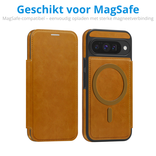 Hoesje geschikt voor Goole Pixel 10/10 Pro - Met Pasjeshouder - Geschikt voor MagSafe - Met magnetische sluiting - Licht Bruin