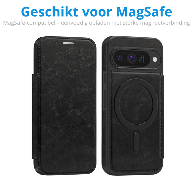 Hoesje geschikt voor Goole Pixel 10/10 Pro - Met Pasjeshouder - Geschikt voor MagSafe - Met magnetische sluiting - Zwart
