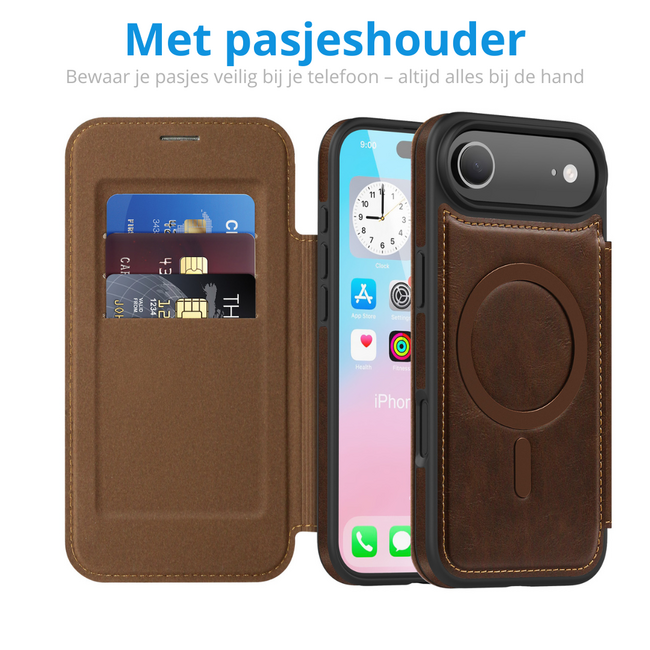 Hoesje geschikt voor iPhone 17 Air - Met Pasjeshouder - Geschikt voor MagSafe - Met magnetische sluiting - Donker Bruin
