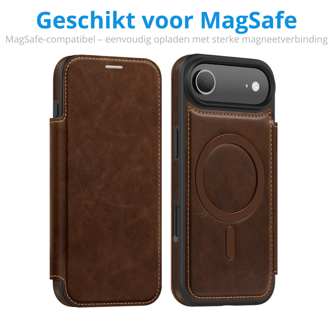 Hoesje geschikt voor iPhone 17 Air - Met Pasjeshouder - Geschikt voor MagSafe - Met magnetische sluiting - Donker Bruin