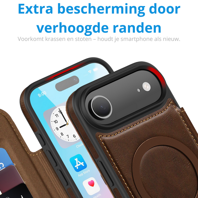 Hoesje geschikt voor iPhone 17 Air - Met Pasjeshouder - Geschikt voor MagSafe - Met magnetische sluiting - Donker Bruin