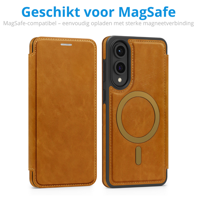 Hoesje geschikt voor Samsung Galaxy S25 Edge - Met Pasjeshouder - Geschikt voor MagSafe - Met magnetische sluiting - Licht Bruin