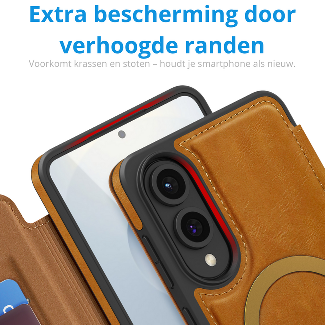 Hoesje geschikt voor Samsung Galaxy S25 Edge - Met Pasjeshouder - Geschikt voor MagSafe - Met magnetische sluiting - Licht Bruin