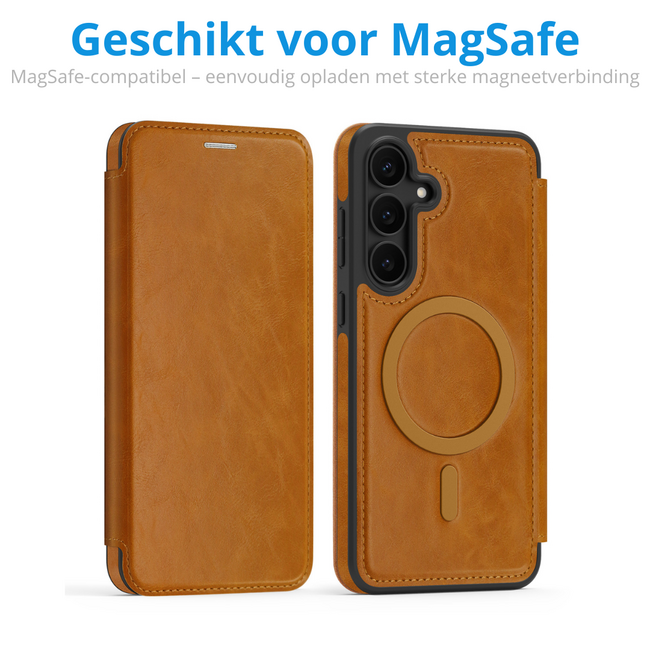 Hoesje geschikt voor Samsung Galaxy S25 - Met Pasjeshouder - Geschikt voor MagSafe - Met magnetische sluiting - Licht Bruin