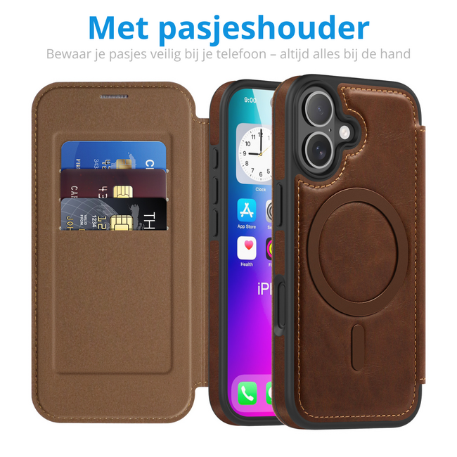 Hoesje geschikt voor iPhone 17 - Met Pasjeshouder - Geschikt voor MagSafe - Met magnetische sluiting - Donker Bruin