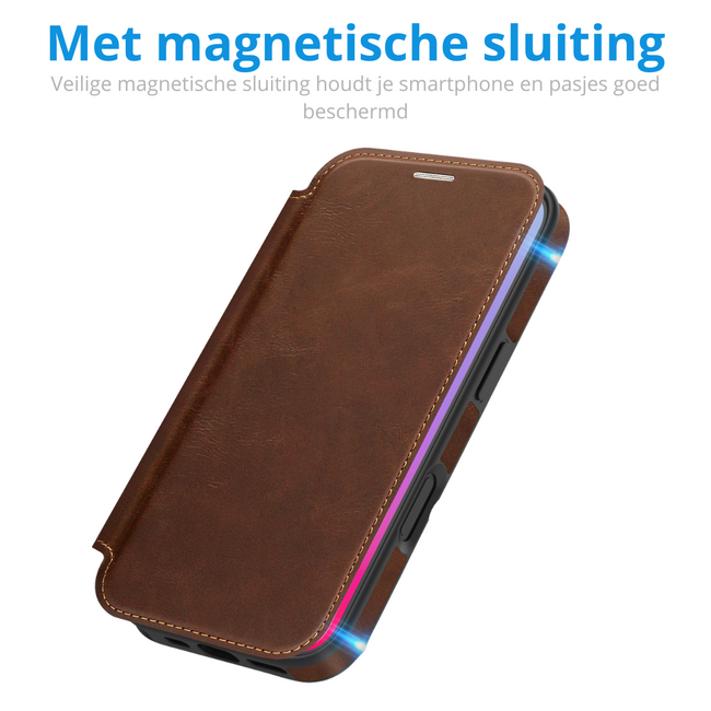 Hoesje geschikt voor iPhone 17 - Met Pasjeshouder - Geschikt voor MagSafe - Met magnetische sluiting - Donker Bruin