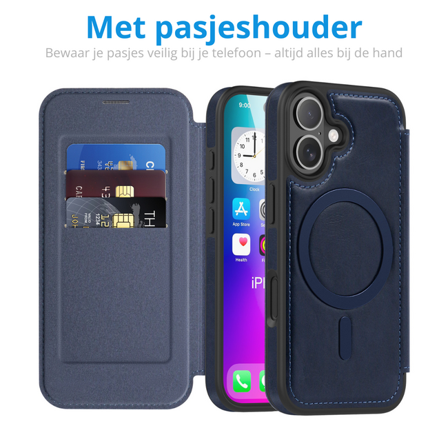 Hoesje geschikt voor iPhone 17 - Met Pasjeshouder - Geschikt voor MagSafe - Met magnetische sluiting - Blauw