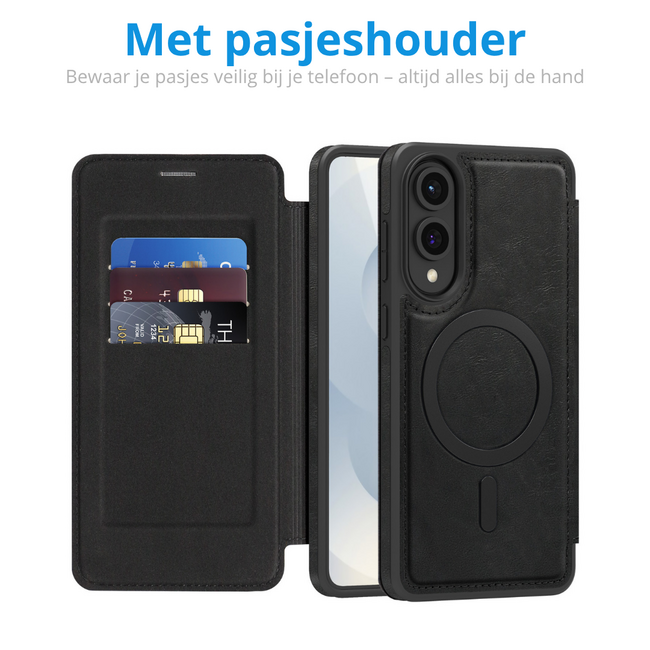Hoesje geschikt voor Samsung Galaxy S25 Edge - Met Pasjeshouder - Geschikt voor MagSafe - Met magnetische sluiting - Zwart