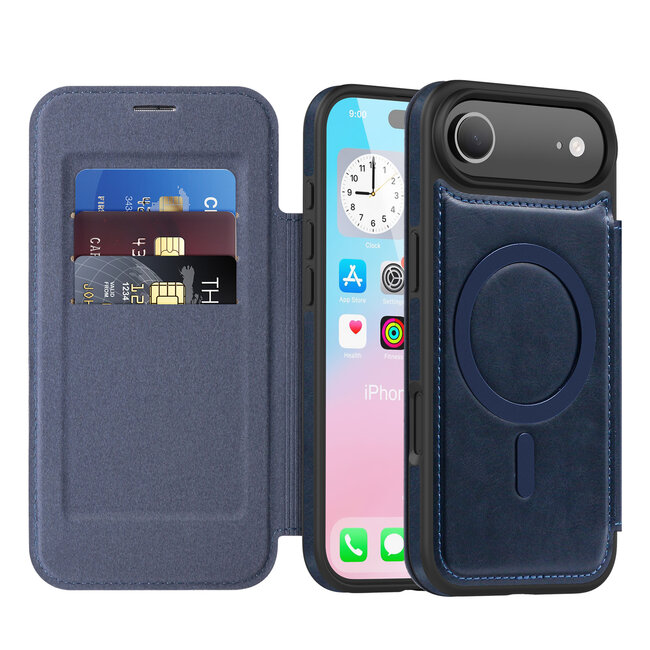 Hoesje geschikt voor iPhone 17 Air - Met Pasjeshouder - Geschikt voor MagSafe - Met magnetische sluiting - Blauw