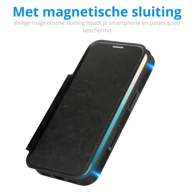 Hoesje geschikt voor iPhone 17 Pro - Met Pasjeshouder - Geschikt voor MagSafe - Met magnetische sluiting - Zwart