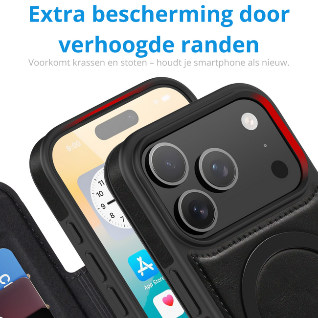 Hoesje geschikt voor iPhone 17 Pro - Met Pasjeshouder - Geschikt voor MagSafe - Met magnetische sluiting - Zwart