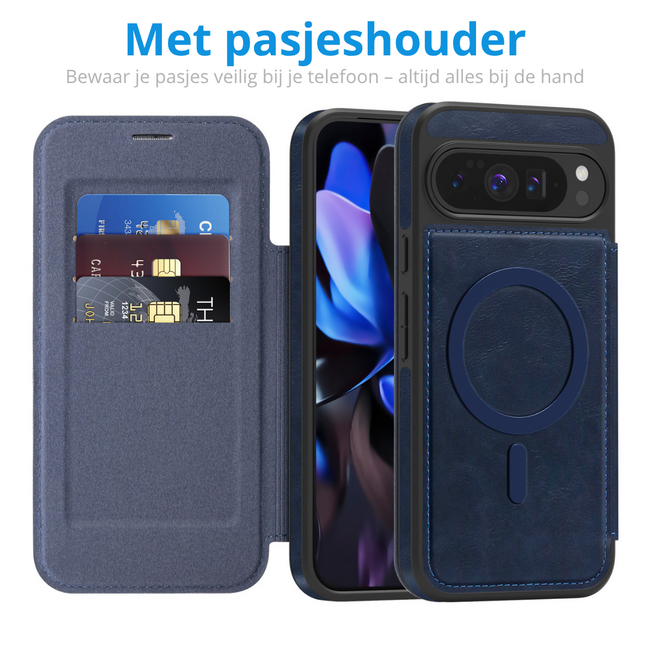 Hoesje geschikt voor Goole Pixel 10 Pro XL - Met Pasjeshouder - Geschikt voor MagSafe - Met magnetische sluiting - Blauw