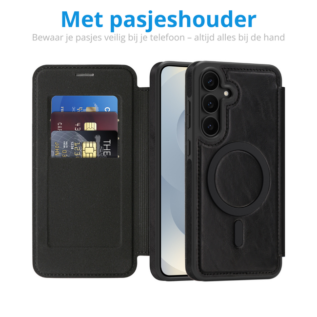 Hoesje geschikt voor Samsung Galaxy S25 FE - Met Pasjeshouder - Geschikt voor MagSafe - Met magnetische sluiting - Zwart
