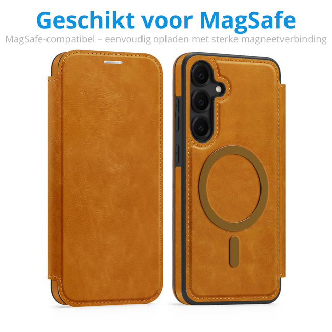 Hoesje geschikt voor Samsung Galaxy S25 Plus - Met Pasjeshouder - Geschikt voor MagSafe - Met magnetische sluiting - Licht Bruin