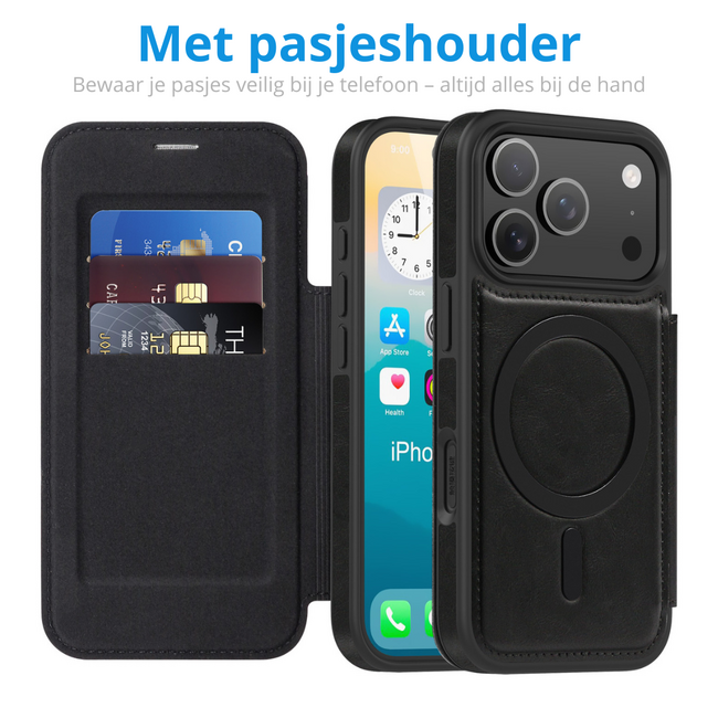 Hoesje geschikt voor iPhone 17 Pro Max - Met Pasjeshouder - Geschikt voor MagSafe - Met magnetische sluiting - Zwart